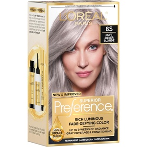 L’Oreal Paris Superior Preference Luminous Fade-Defying Permanent Hair Color, Hair Dye For Up to 9 Weeks of Radiance, Medium Golden Brown 5G, 1 Hair Dye Kit(8S Soft Silver Blonde)
