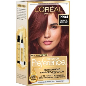 L’Oreal Paris Superior Preference Luminous Fade-Defying Permanent Hair Color, Hair Dye For Up to 9 Weeks of Radiance, Medium Golden Brown 5G, 1 Hair Dye Kit(RR04 Intense Dark Red)