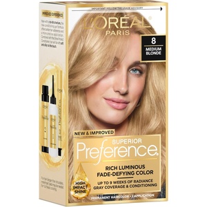 L’Oreal Paris Superior Preference Luminous Fade-Defying Permanent Hair Color, Hair Dye For Up to 9 Weeks of Radiance, Medium Golden Brown 5G, 1 Hair Dye Kit(08 Medium Blonde)