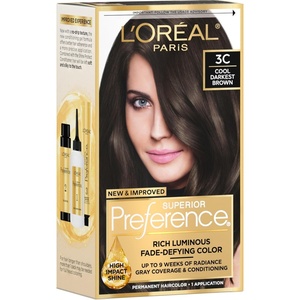 L’Oreal Paris Superior Preference Luminous Fade-Defying Permanent Hair Color, Hair Dye For Up to 9 Weeks of Radiance, Medium Golden Brown 5G, 1 Hair Dye Kit(3C Cool Darkest Brown)