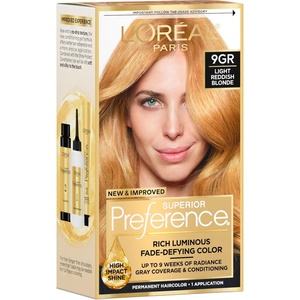 L’Oreal Paris Superior Preference Luminous Fade-Defying Permanent Hair Color, Hair Dye For Up to 9 Weeks of Radiance, Medium Golden Brown 5G, 1 Hair Dye Kit(9GR Golden Reddish Blonde)