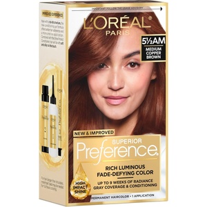 L’Oreal Paris Superior Preference Luminous Fade-Defying Permanent Hair Color, Hair Dye For Up to 9 Weeks of Radiance, Medium Golden Brown 5G, 1 Hair Dye Kit(5.5AM Medium Copper Brown)