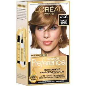 L’Oreal Paris Superior Preference Luminous Fade-Defying Permanent Hair Color, Hair Dye For Up to 9 Weeks of Radiance, Medium Golden Brown 5G, 1 Hair Dye Kit(6.5G Lightest Golden Brown)