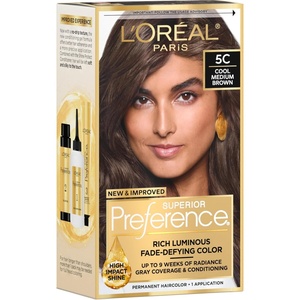 L’Oreal Paris Superior Preference Luminous Fade-Defying Permanent Hair Color, Hair Dye For Up to 9 Weeks of Radiance, Medium Golden Brown 5G, 1 Hair Dye Kit(5C Cool Medium Brown)